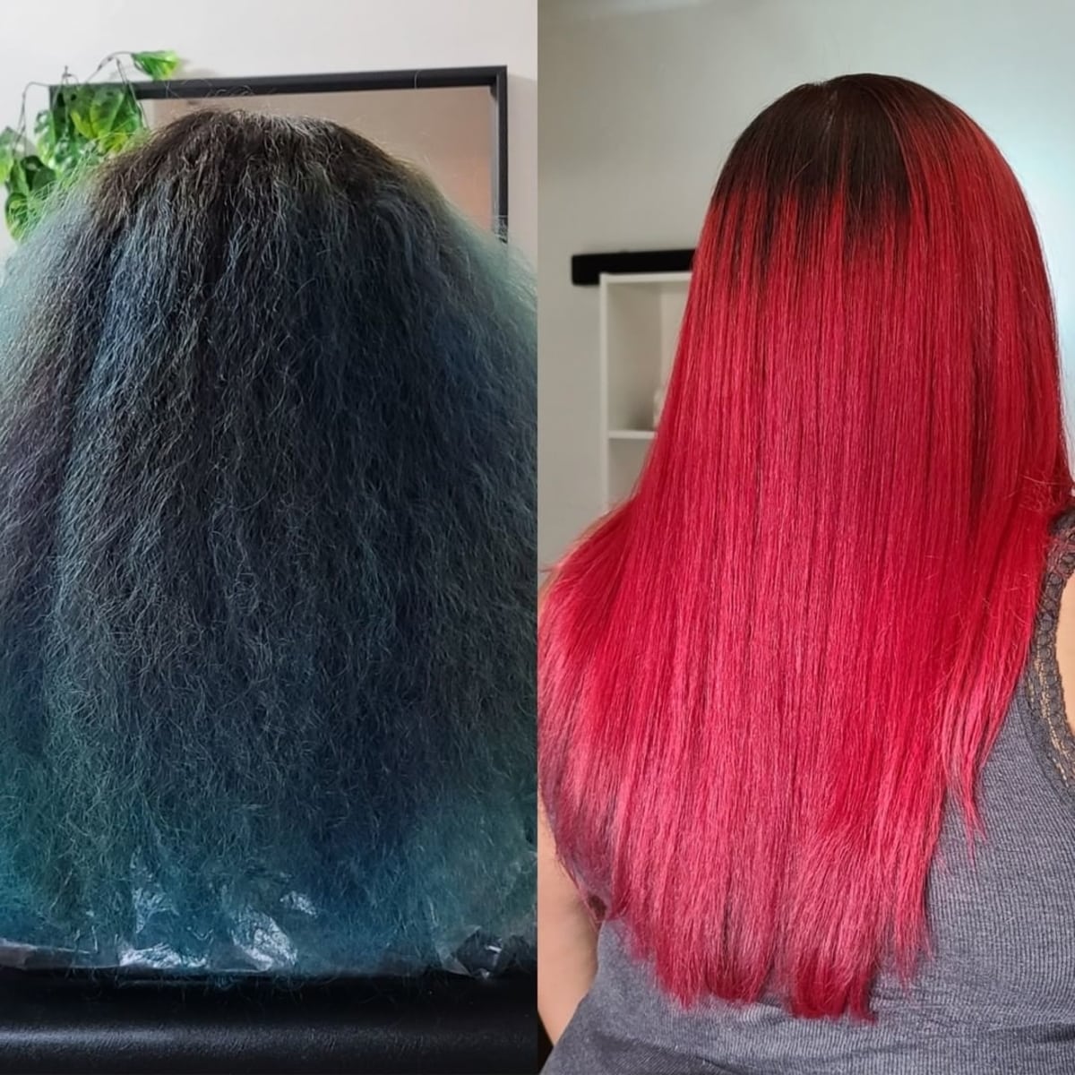 Jasně červená před a po transformaci vlasů