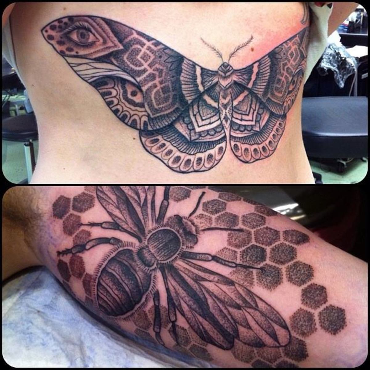 Tečkové tetování. Fly a můra tetování