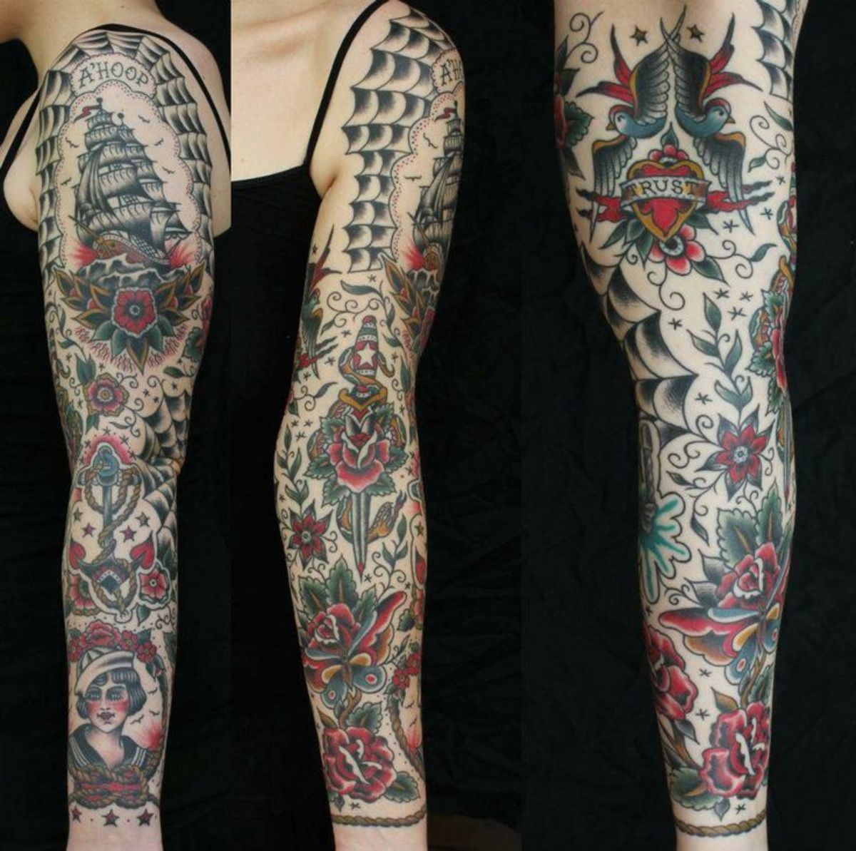 Esimerkki American Tattoo Sleeve, nastat ja tähdet ja hämähäkinseitit; Amerikkalaiset perinteiset tatuoinnit vaativat täyteaineita varsinaisten tatuointien väliin