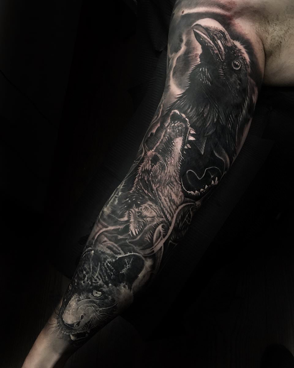 havran a vlk rukáv tetování