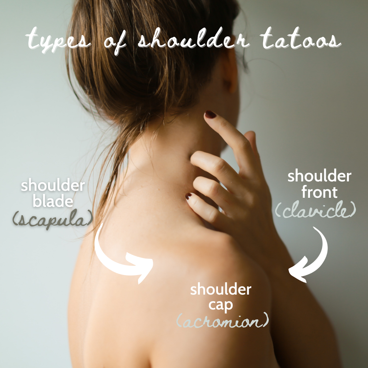 Ulike steder kan du få en skulder -tatovering: skulderblad, akromion eller krageben.